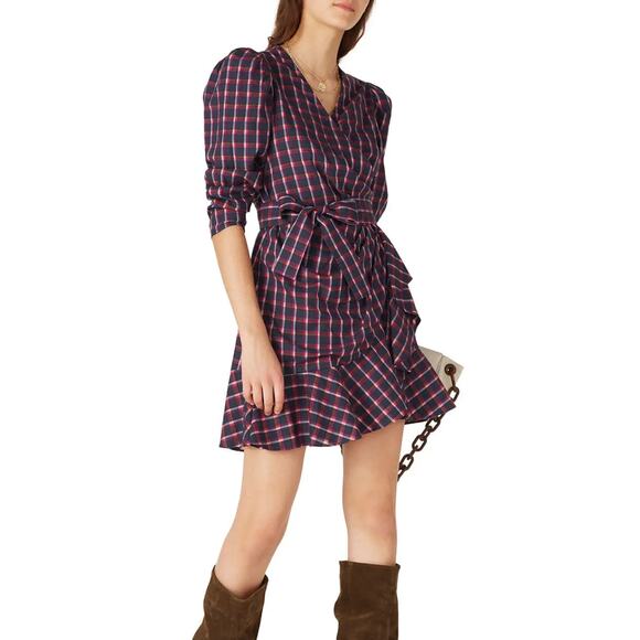Tanya Taylor Plaid Mini Wrap Dress Blue Purple Size 4 Designer Romantic $475 - Picture 1 of 10